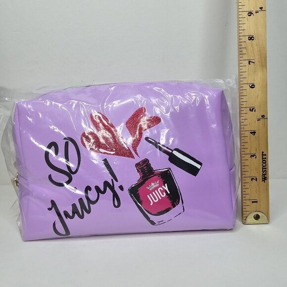 JUICY COUTURE PU Cosmetic Bag So Juicy Nail Polish Graphic Lilac Toiletry Bottle - Picture 10 of 12